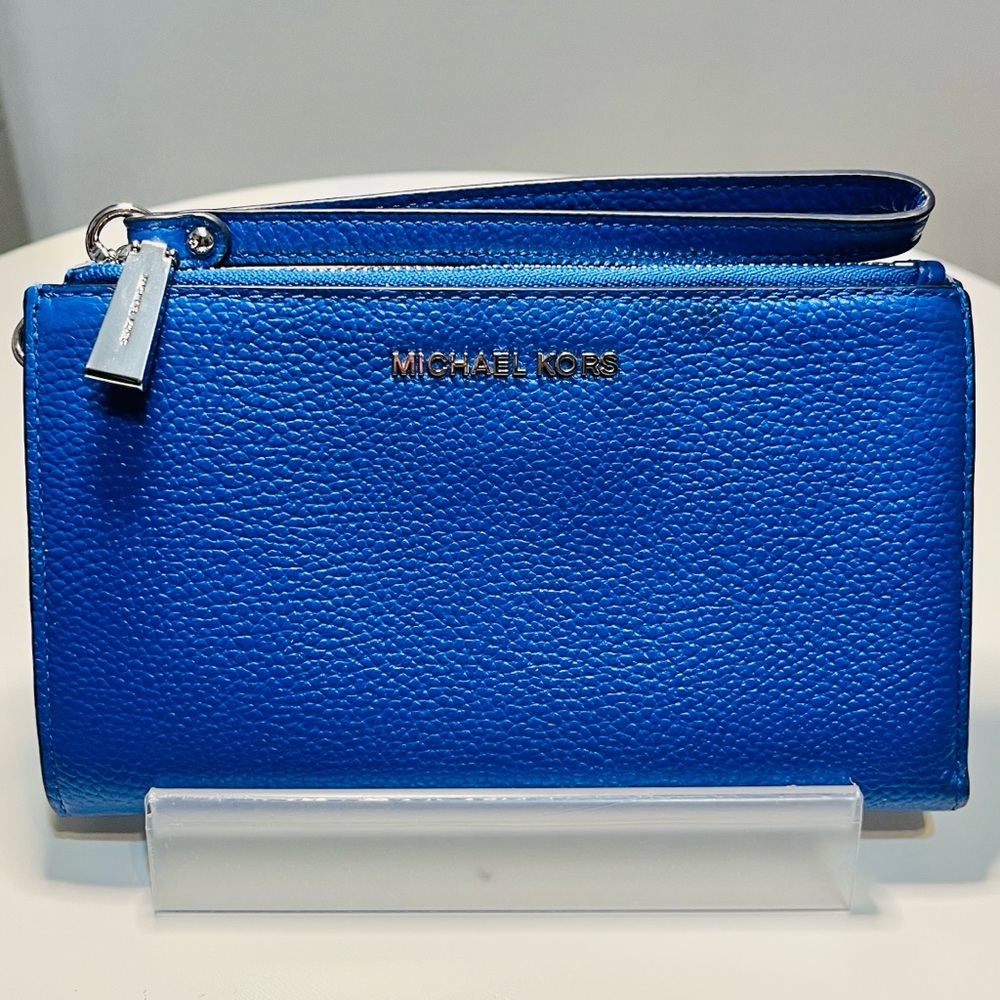 MICHAEL KORS Blue Pebbled Leather Double Zip Wallet Wristlet MSRP $258 NWOT